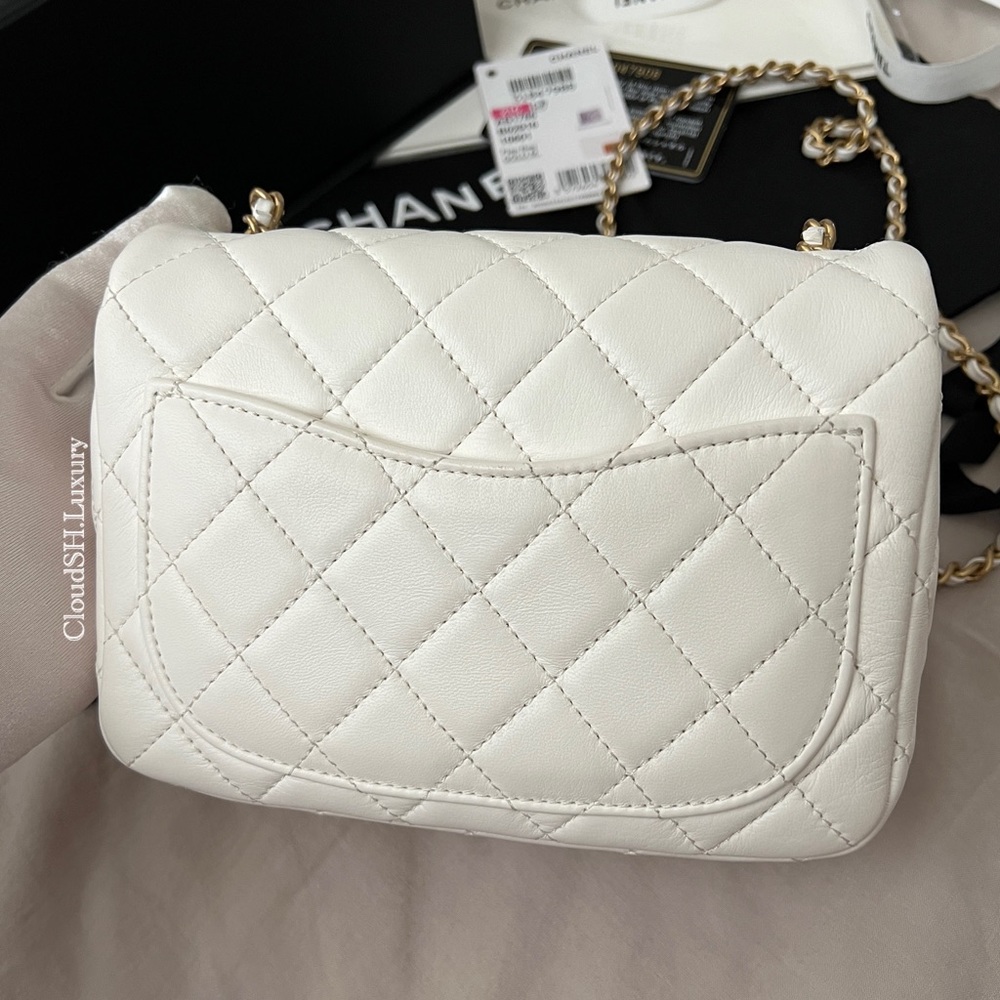 Auth Chanel White Pearl Crush Mini Square - Lambskin w/ Aged Gold Hardware - Picture 3 of 16